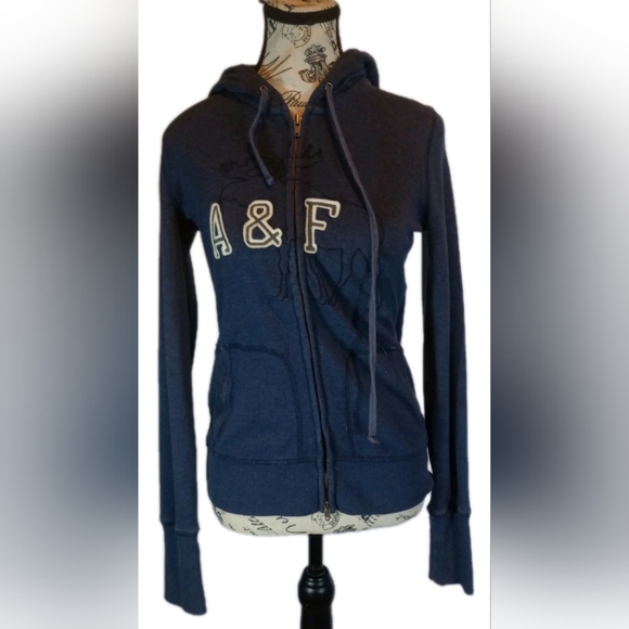 Vtg Abercrombie & Fitch Muscle Fit Hoodie Navy Blue Y2K L - Picture 2 of 11